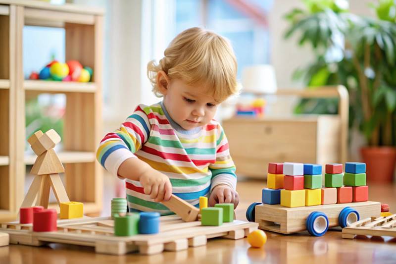 Criança brincando com brinquedos de madeira