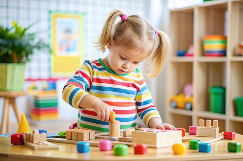 Menina brincando com brinquedos de madeira