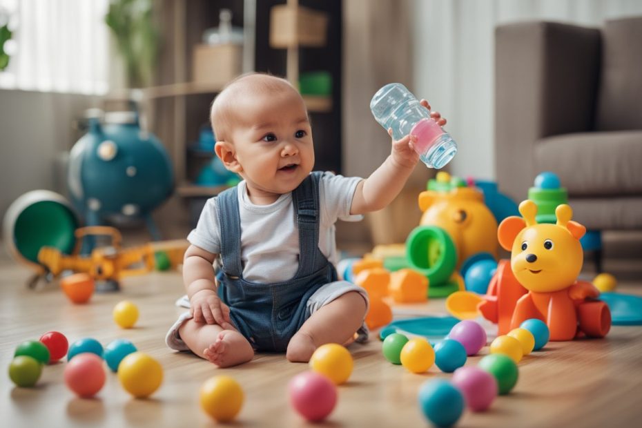 Bebê com garrafa de água na mão